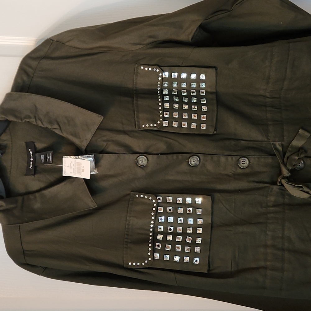 ASHLEY  STEWART Embellished Olive Green Army Women Srawstring Waist Jacket Sz26